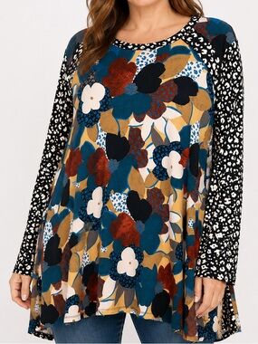 LOGO Lori Goldstein Elisha 2X Mixed Print Tunic Top Floral Stretch